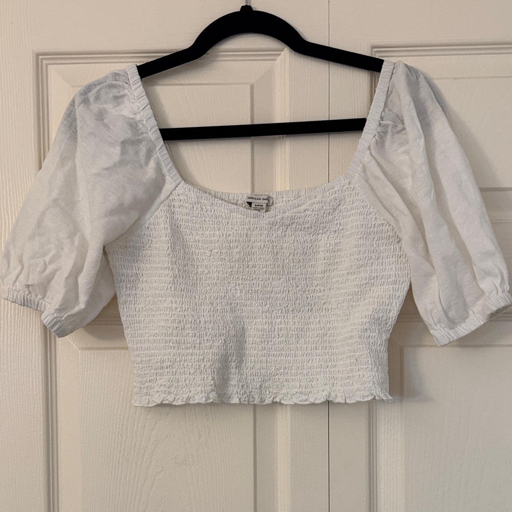 American Eagle Outfitters White Smocked Crop Top